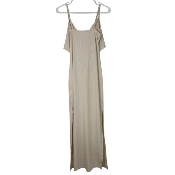 Lyaner Ribbed Cut Out Dress Midi Small Women’s Light Beige New with Front Tie - Picture 3 of 13